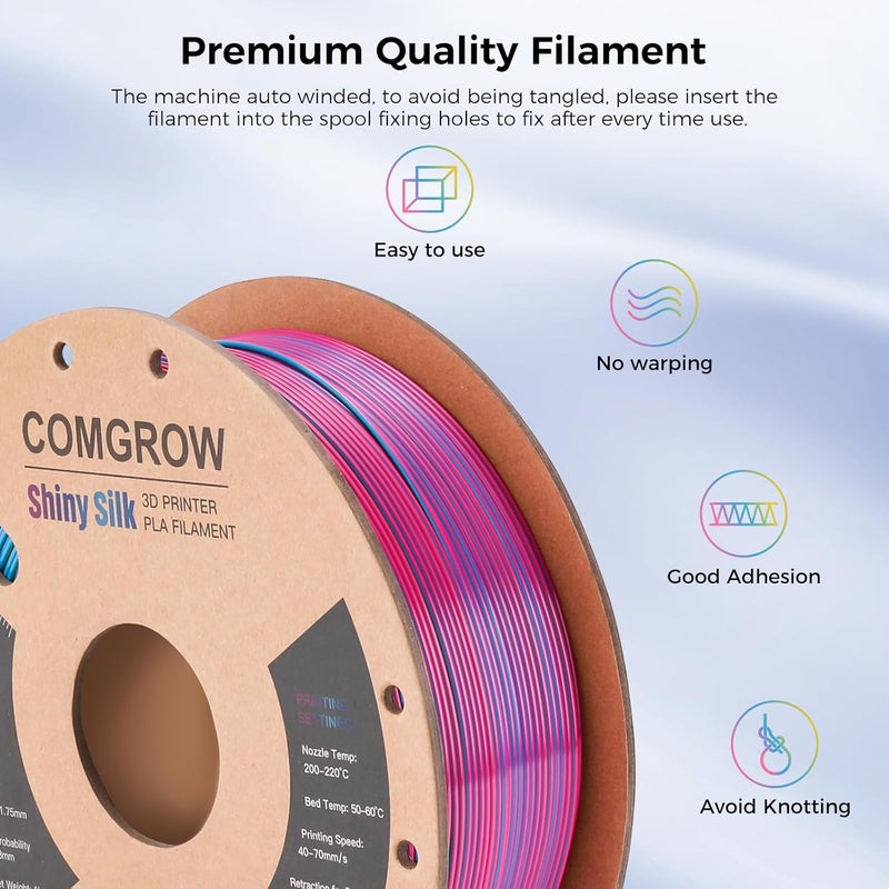 Comgrow Tri-Colors Silk PLA 3D Printer Filament, Rainbow PLA Filament 1.75mm, Dimensional Accuracy +/- 0.02 mm, 1KG Spool, Coextrusion 3D Filament with Shiny Silk Red-Blue-Yellow - Image 3